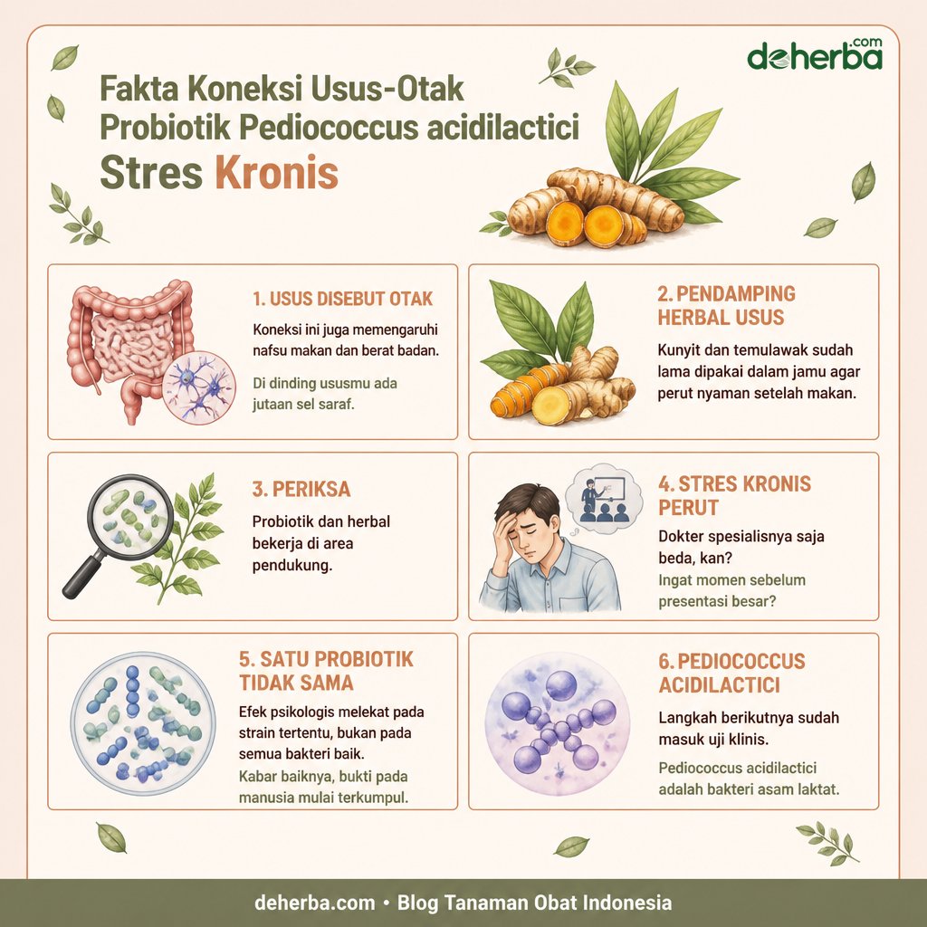 Infografis 5 Fakta Koneksi Usus-Otak: Probiotik Pediococcus acidilactici untuk Stres Kronis